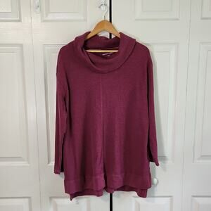 Woman Within Purple Waffle Knit Top Size LG Cowl Neck Side Slits Athleisure